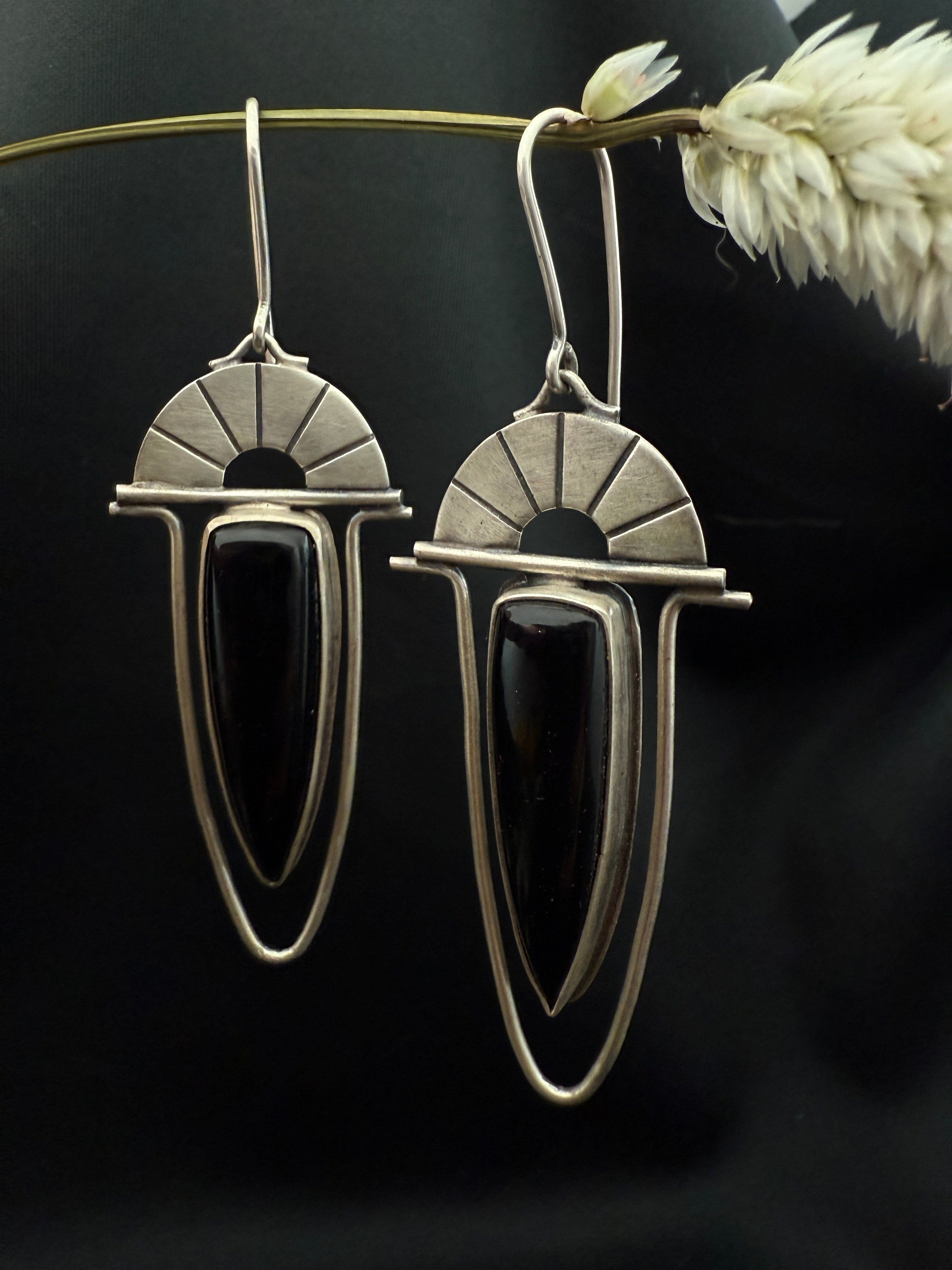 Black Onyx & Silver Fan Dangles