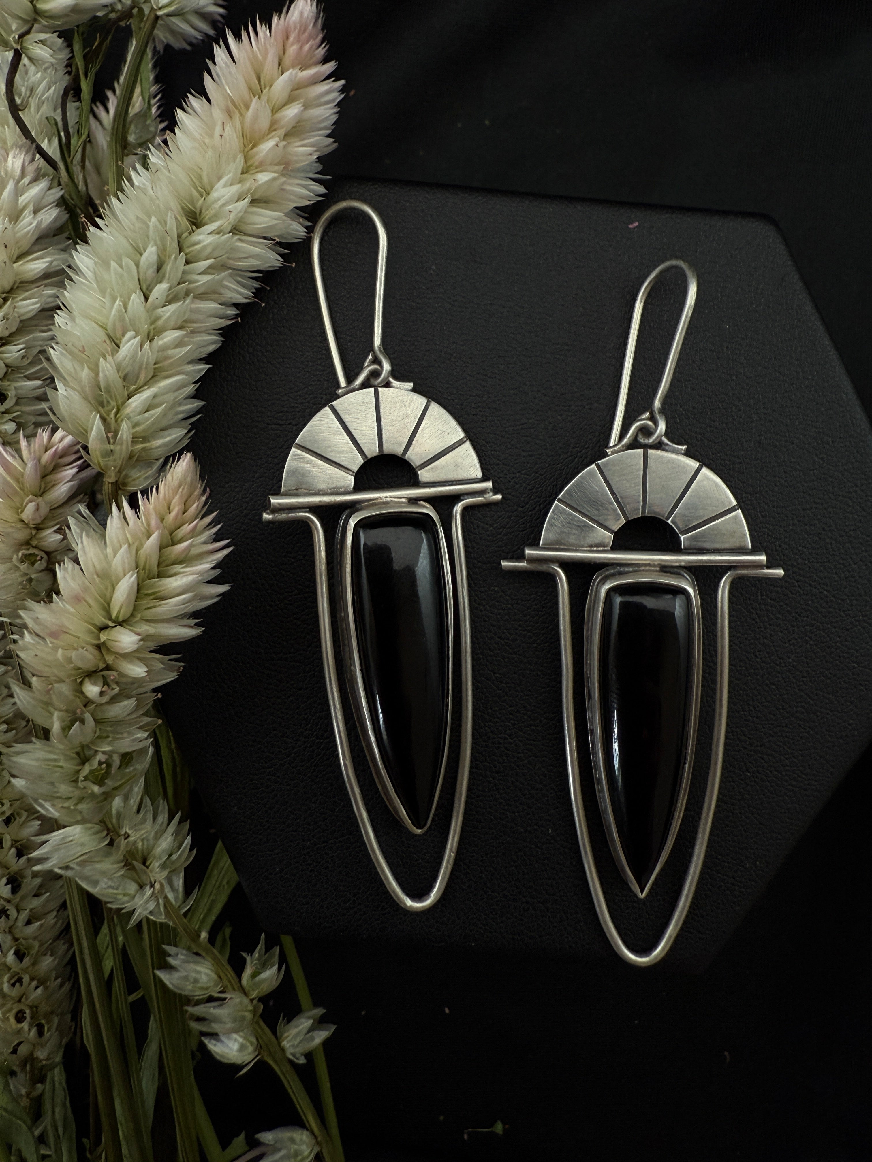 Black Onyx & Silver Fan Dangles