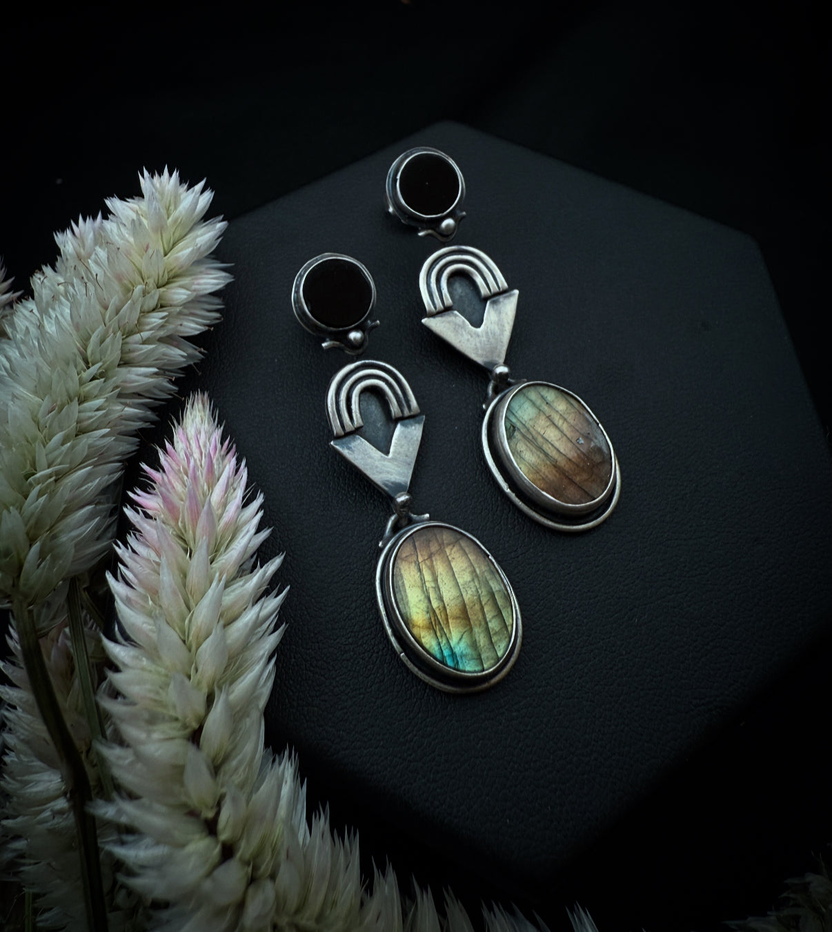 Black Onyx & Labradoite Post Dangles