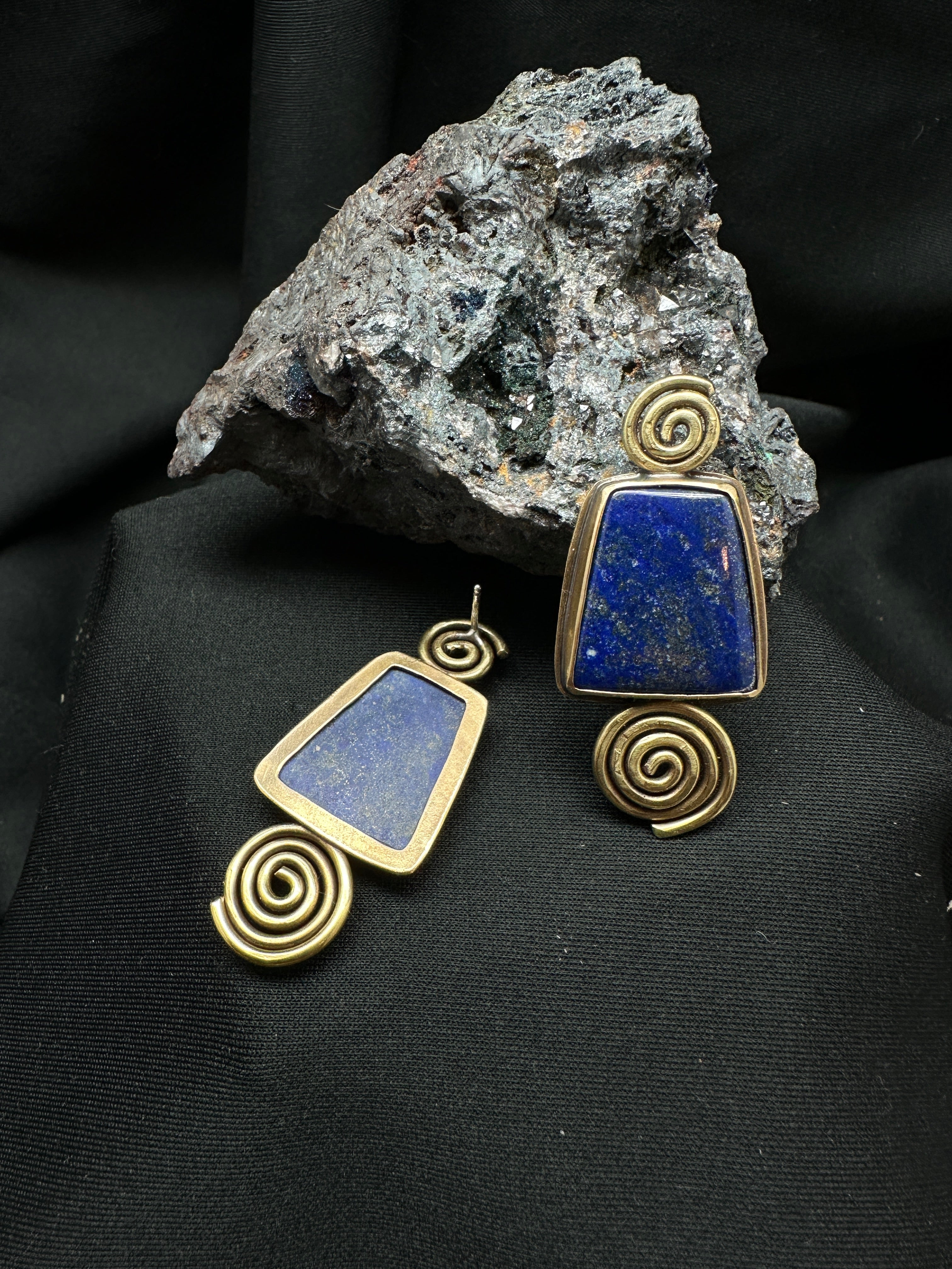 Lapis Lazuli and Brass Spiral Post Earrings
