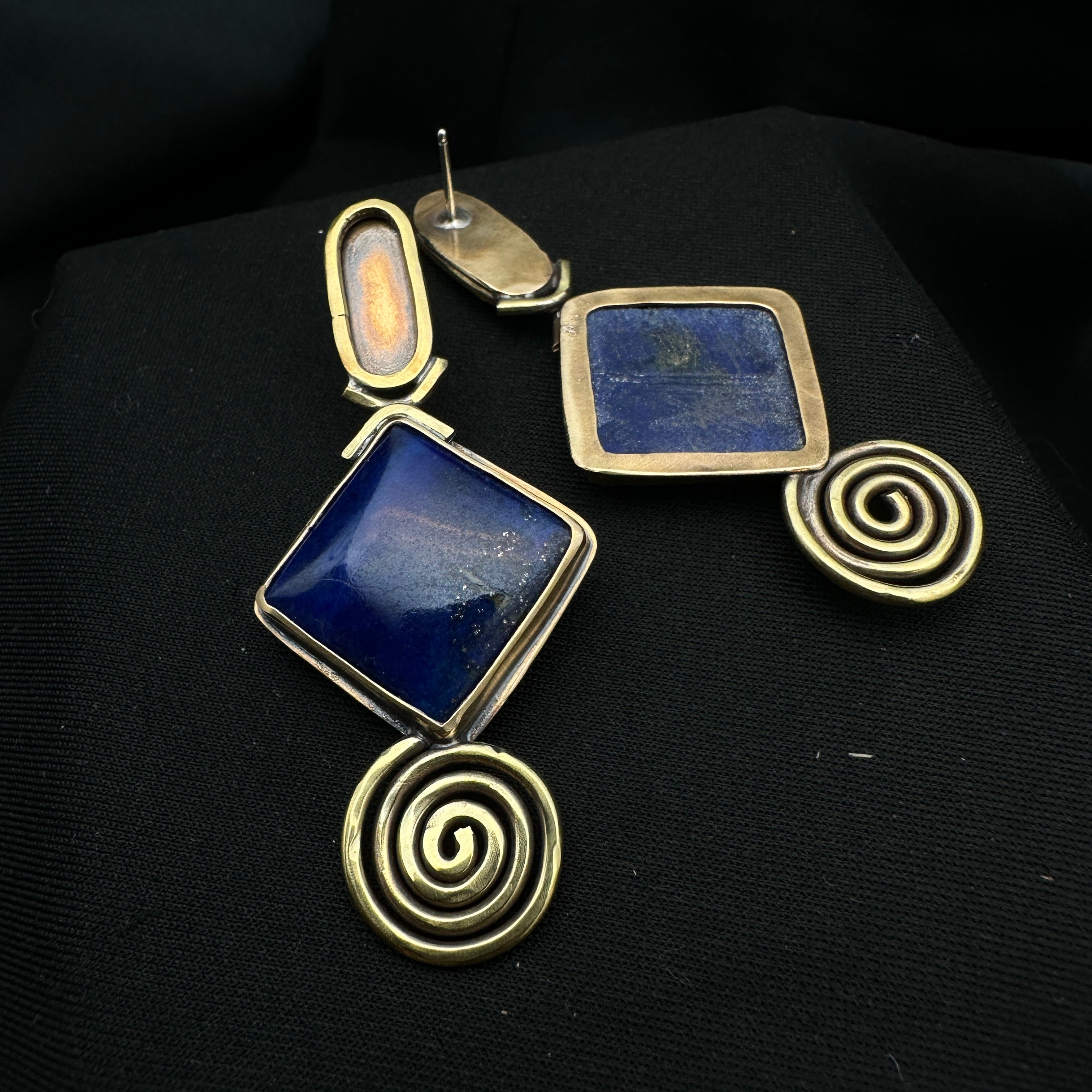 Spiraled Brass and Lapis Post Earrings