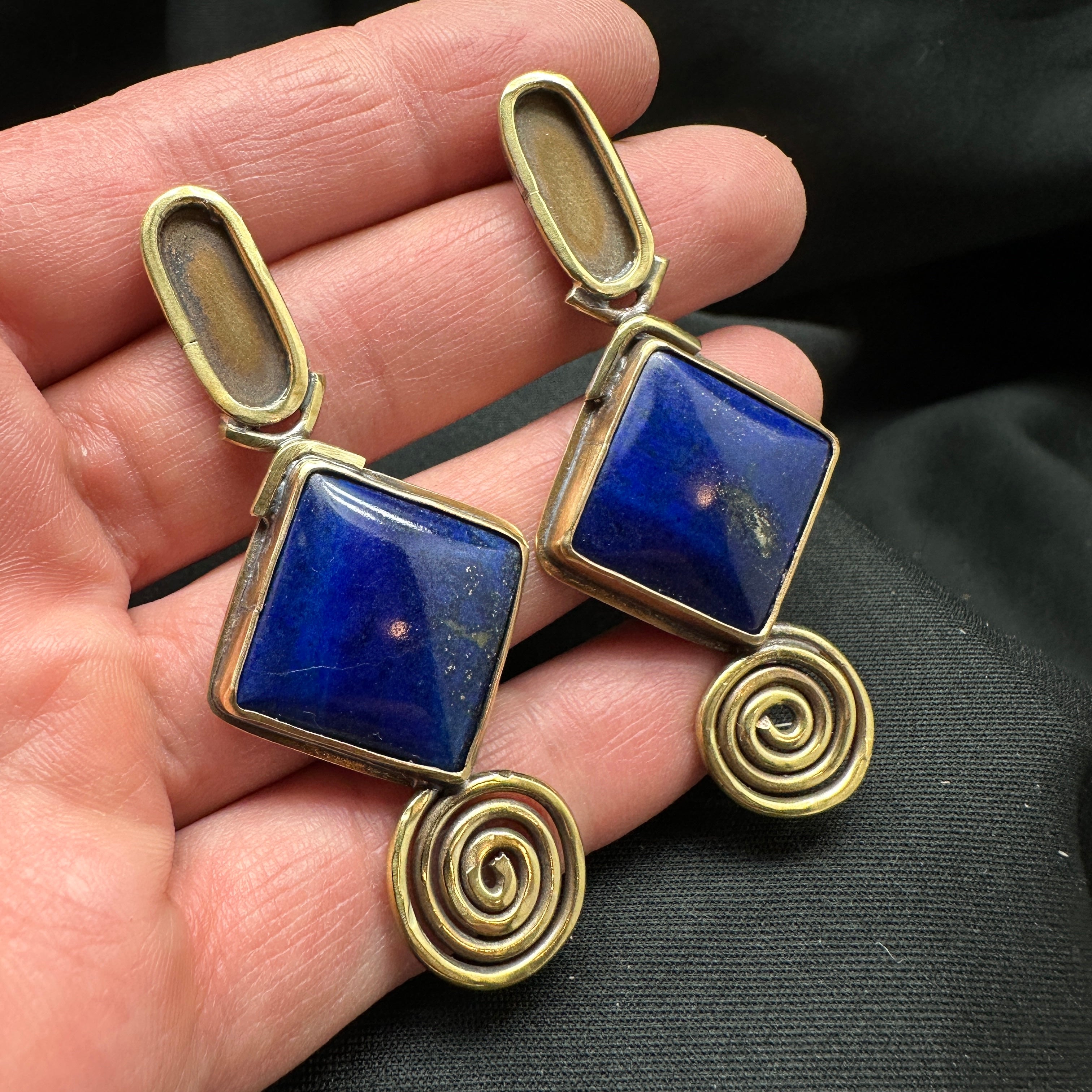 Spiraled Brass and Lapis Post Earrings